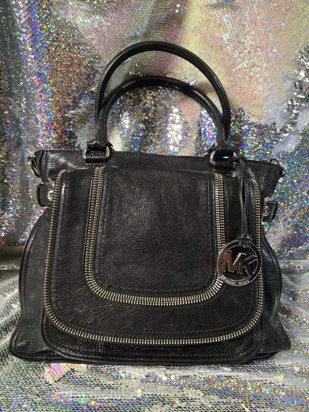 Michael Kors Black Leather Naomi Satchel with Silver-Tone MK Charm
